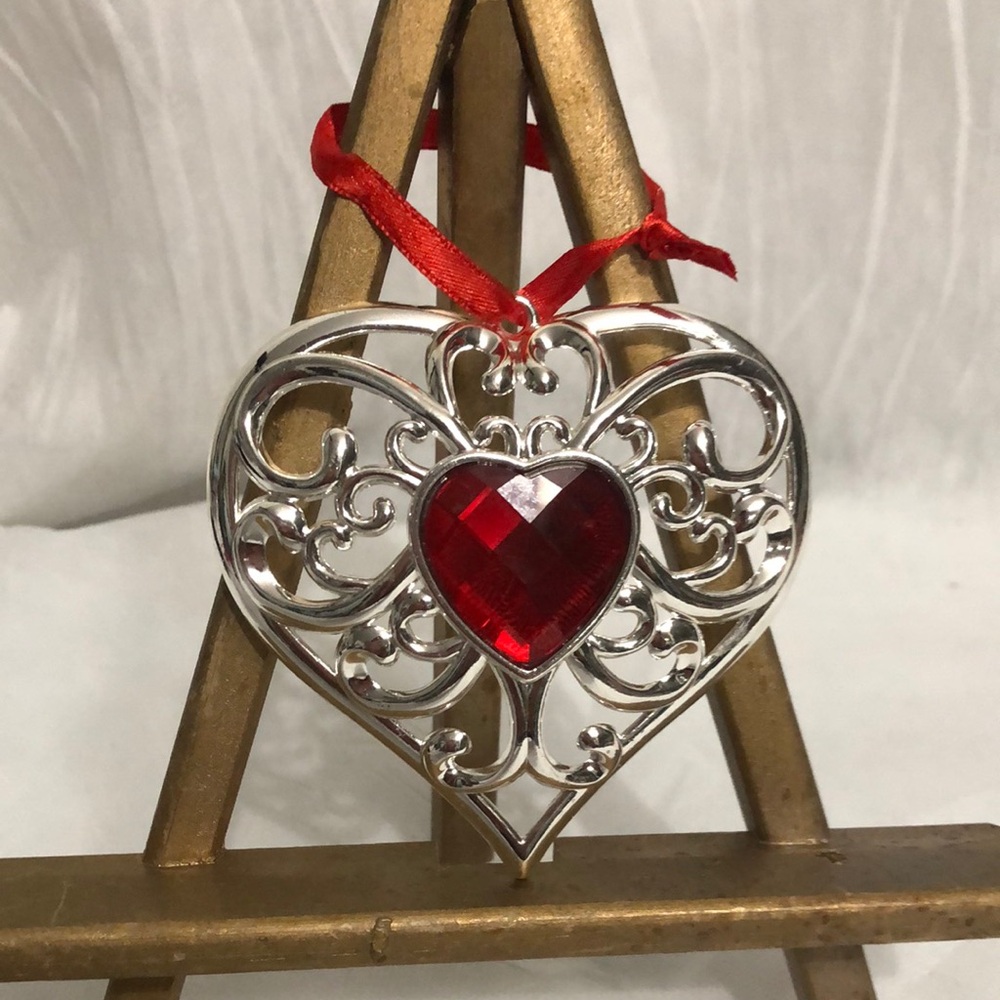 Lenox Silver Filigree Heart Ornament with Red Crystal